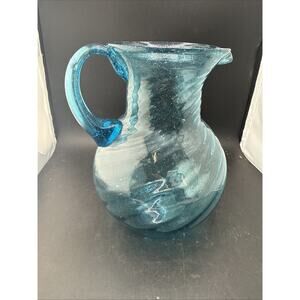 Hand Blown Art Glass Pitcher Aqua Blue Controlled Bubble Pontil Mark Vintage